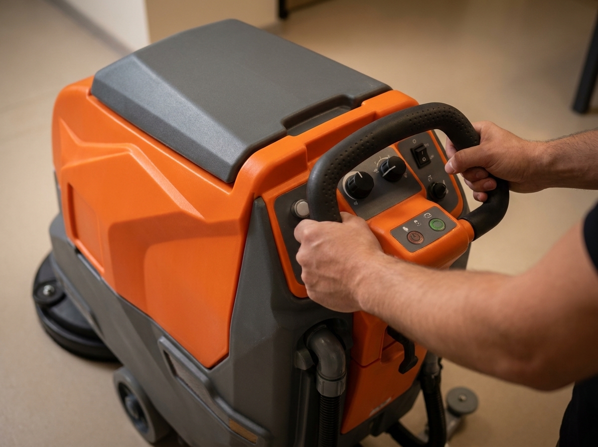 Eine handgefuehrte Nachlaeufer-Scheuersaugmaschine im Einsatz in einem Verkaufsraum mit Fliesenboden: eine Person in Arbeitskleidung fuehrt sie am Lenker, hinter der Maschine ist d