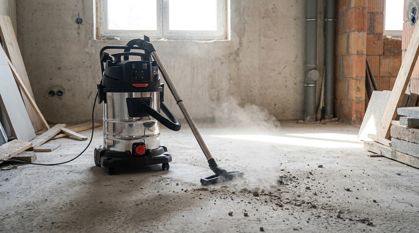 Industriesauger 2.400 W beim Aufsaugen von Bauschutt