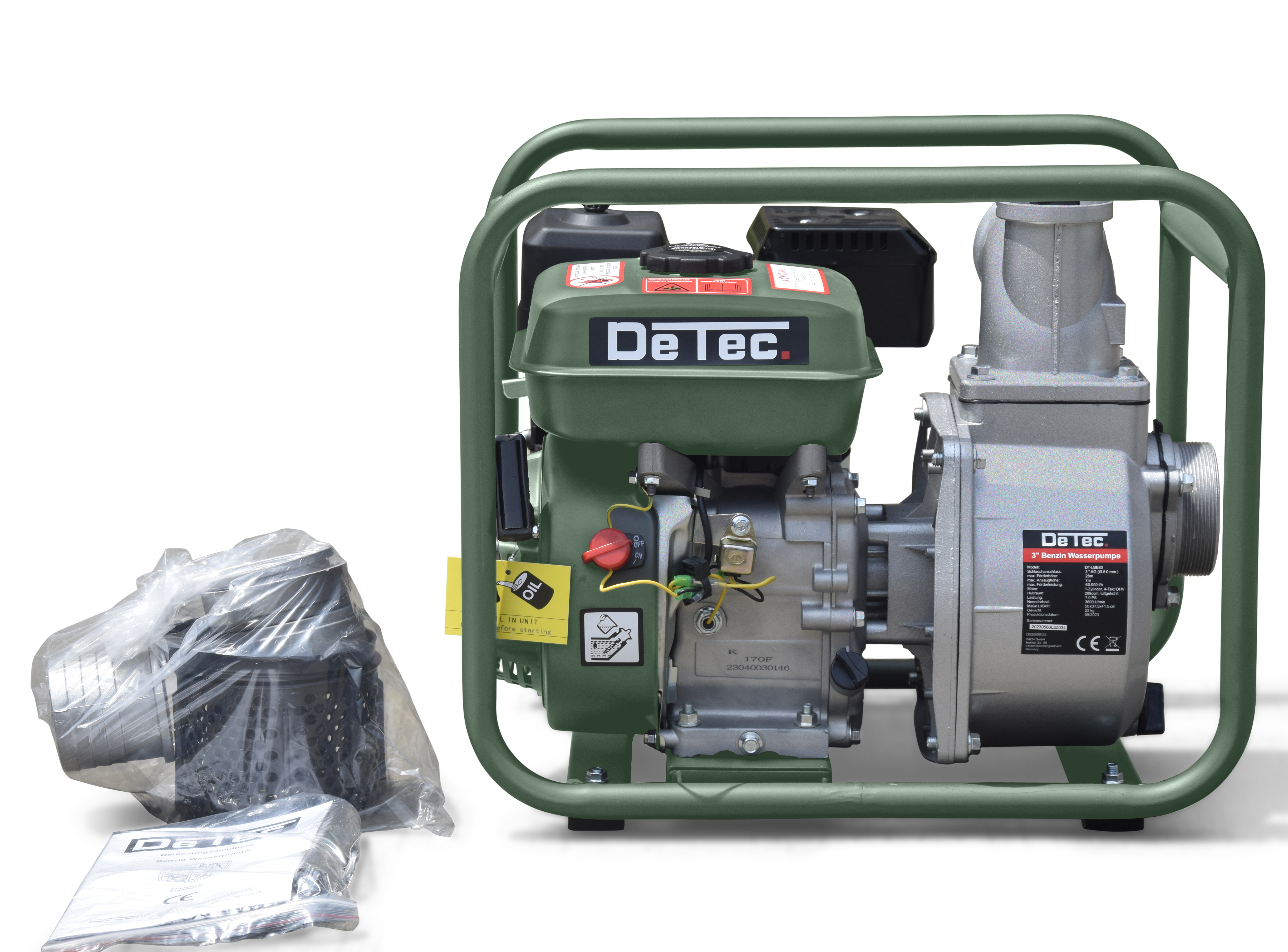 DeTec. Benzin-Wasserpumpe 3 Zoll – 60.000 l/h, 7 PS, 28 m Förderhöhe