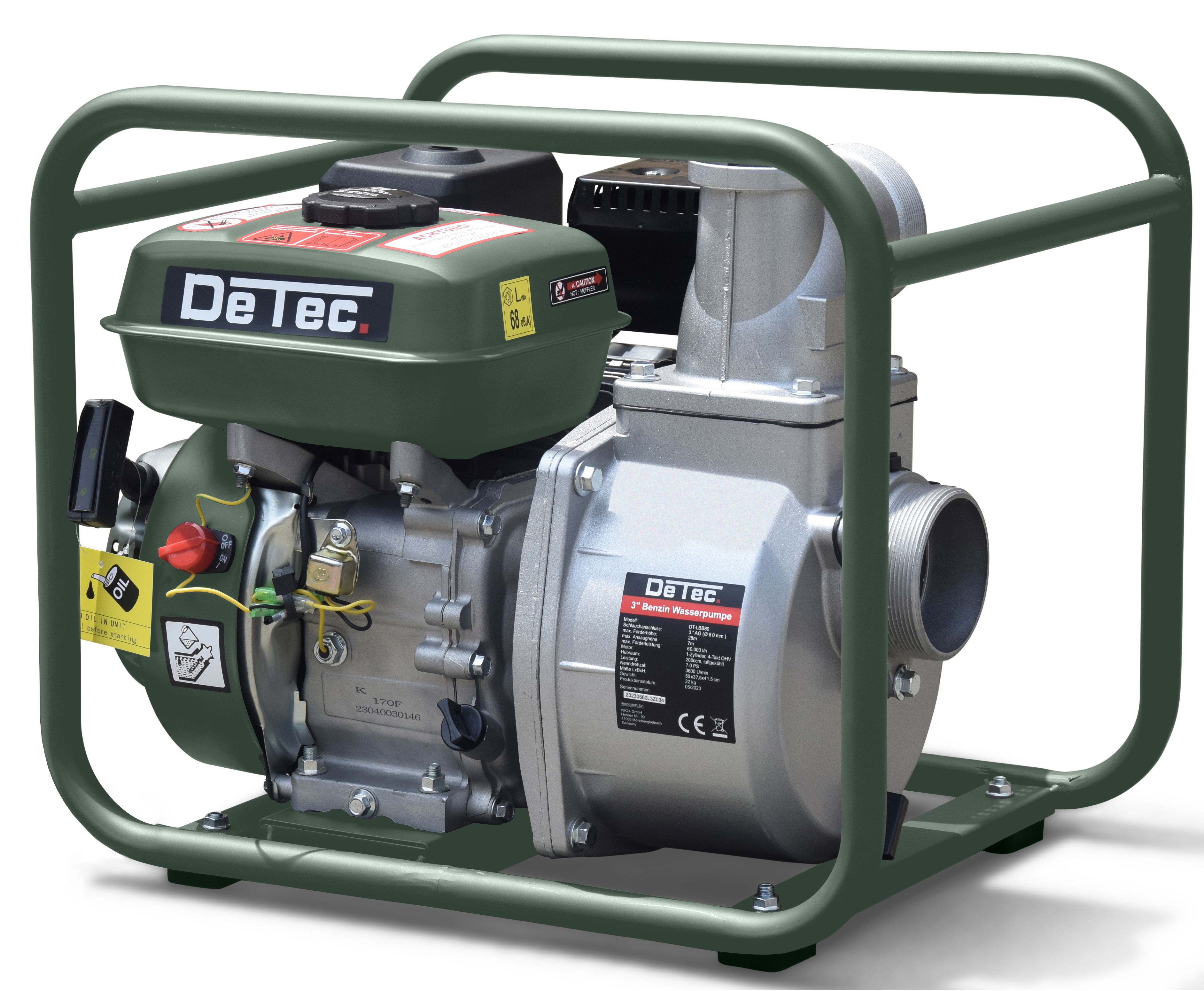 DeTec. Benzin-Wasserpumpe 3 Zoll – 60.000 l/h, 7 PS, 28 m Förderhöhe