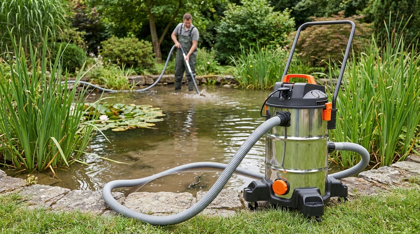 Schlammsauger beim Reinigen eines Gartenteichs