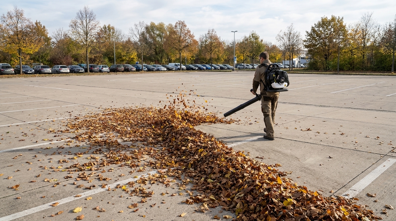 Benzin-Laubgebläse DT-BL808 beim Freiräumen eines Parkplatzes