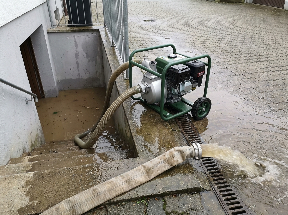 Eine Benzin-Wasserpumpe im Einsatz vor einem Kellerabgang: die Pumpe steht auf dem Hof, ein Saugschlauch fuehrt die Treppe hinunter ins Wasser, der Druckschlauch entwaessert in ein