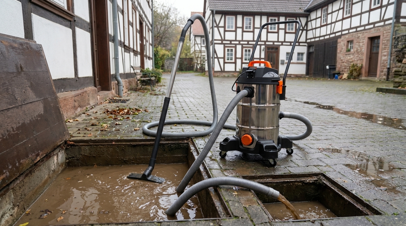 Schlammsauger beim Absaugen von Schlamm aus einem Kellerabgang