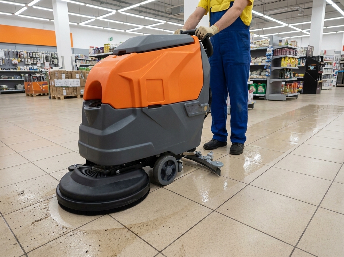 Eine handgefuehrte Nachlaeufer-Scheuersaugmaschine im Einsatz in einem Verkaufsraum mit Fliesenboden: eine Person in Arbeitskleidung fuehrt sie am Lenker, hinter der Maschine ist d