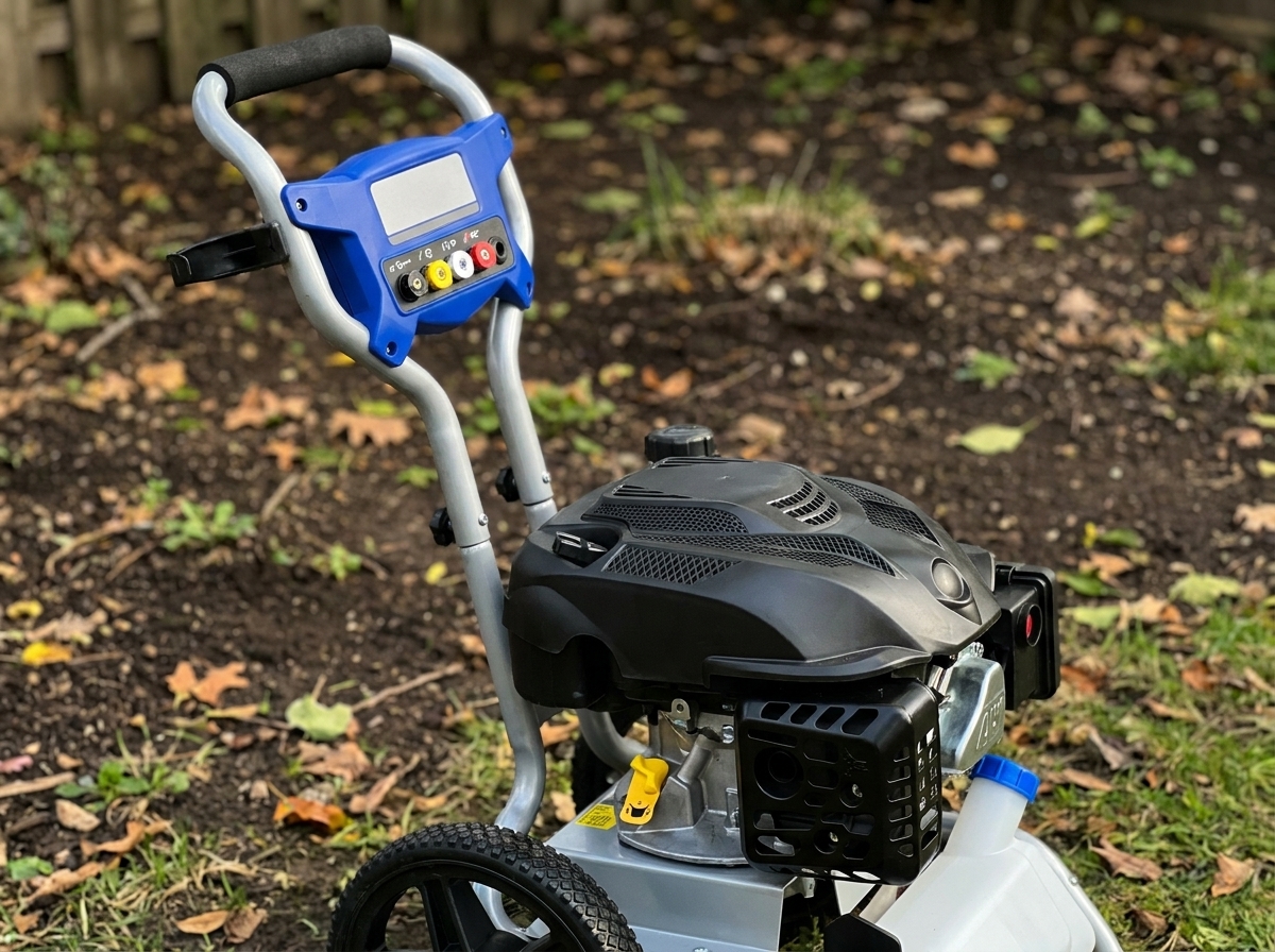 Ein kompakter Benzin-Hochdruckreiniger im Einsatz in einem Garten: die Maschine steht auf einem Plattenweg, eine Person reinigt damit Gartenmoebel aus Kunststoff. Nachmittagslicht,