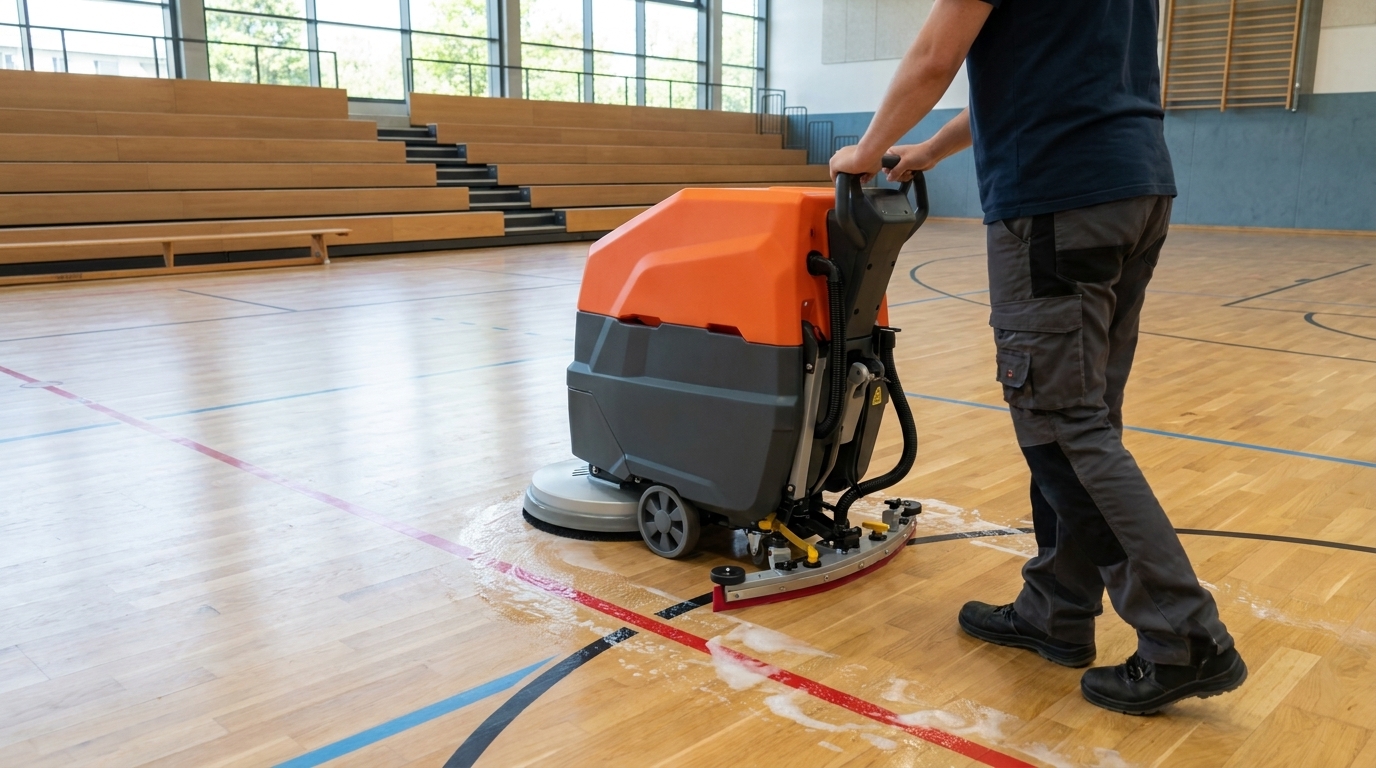 Nachläufer-Scheuersaugmaschine SM-FS1 beim Reinigen einer Sporthalle