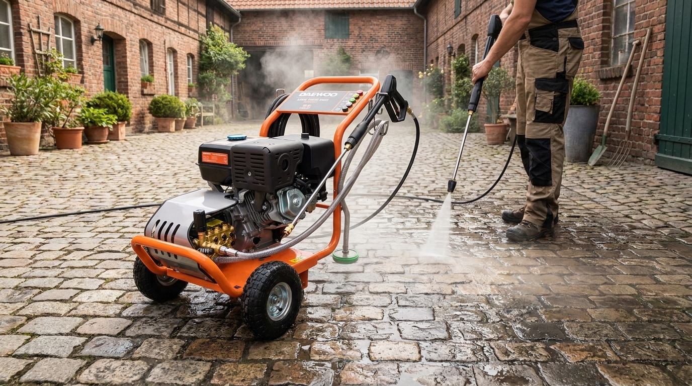 DAEWOO Benzin-Hochdruckreiniger 15 PS beim Reinigen einer Pflasterfläche