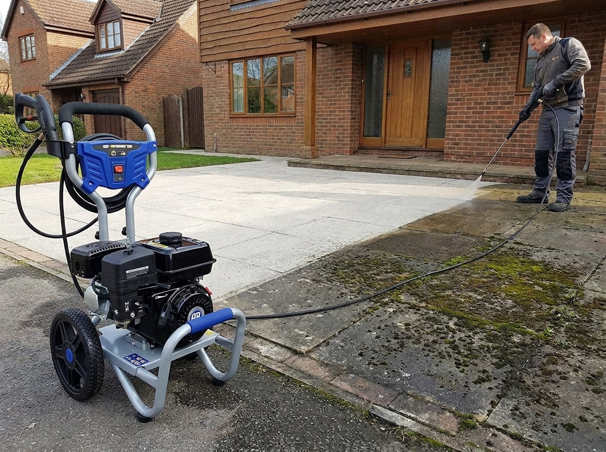 Ein Benzin-Hochdruckreiniger im Einsatz vor einem Wohnhaus: die Maschine steht auf einer Einfahrt, eine Person reinigt damit eine Terrasse aus Betonplatten, der Unterschied zwische