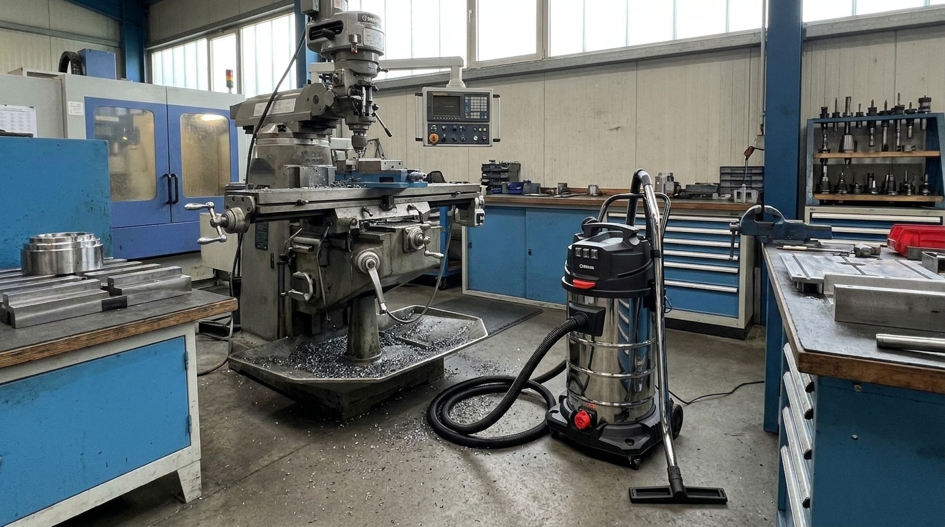 Industriesauger 3.000 W beim Absaugen von Spänen in einer Produktionshalle