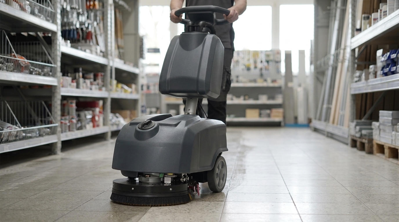 Handgeführte Scheuersaugmaschine DT30 beim Reinigen eines Verkaufsraums