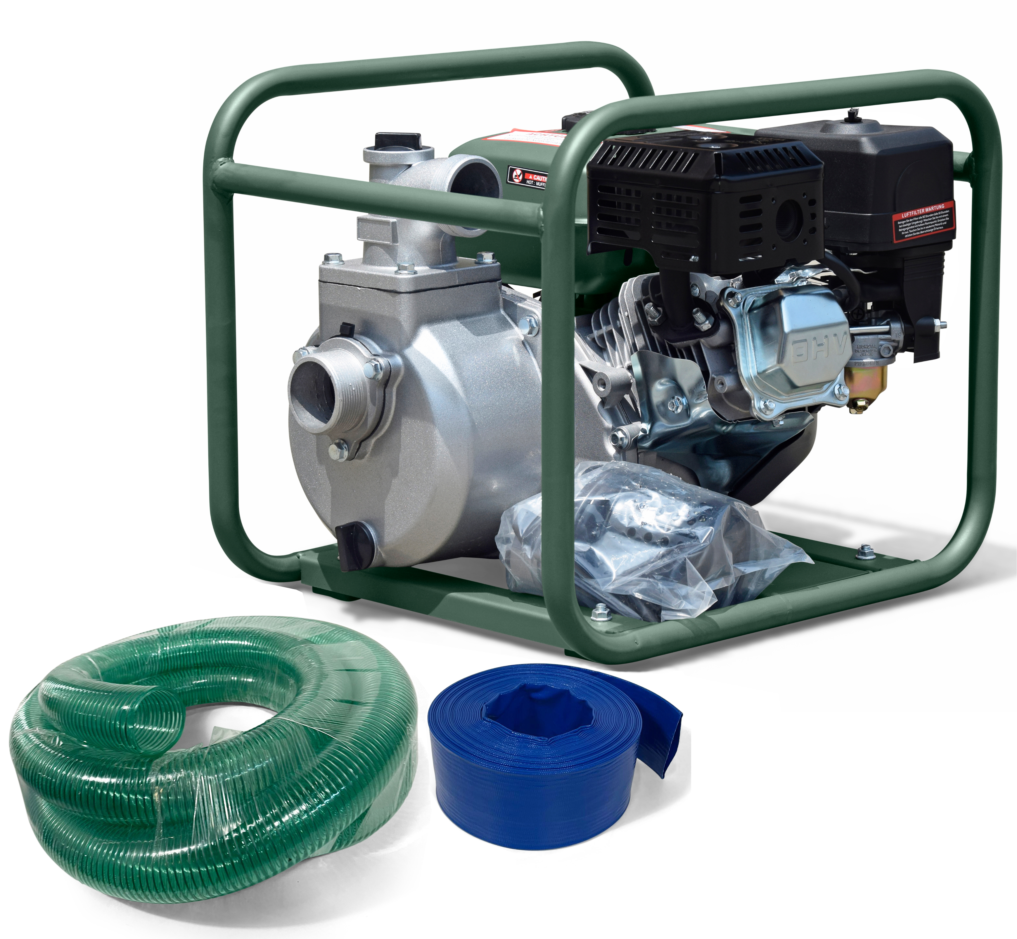 DeTec. Benzin-Wasserpumpe 2 Zoll mit Schlauchset – 30.000 l/h, 5,5 PS