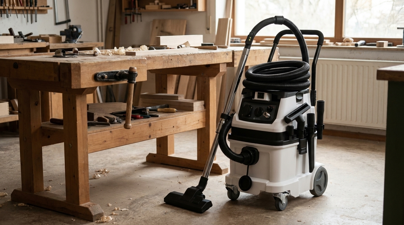 Industriesauger 1.600 W mit Zubehör in der Werkstatt