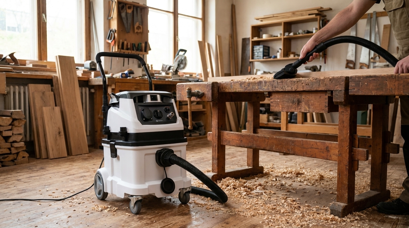 Industriesauger 1.600 W beim Absaugen von Holzspänen in einer Schreinerei