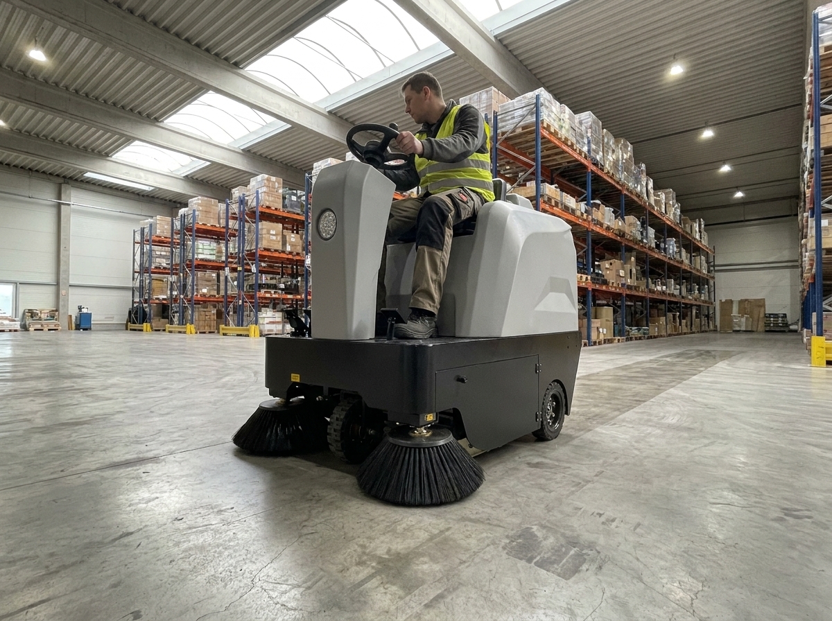 Eine Aufsitz-Kehrmaschine im Einsatz in einer hellen Industriehalle: glatter Betonboden, Palettenregale im Hintergrund, eine Person in Arbeitskleidung sitzt auf der Maschine und fa