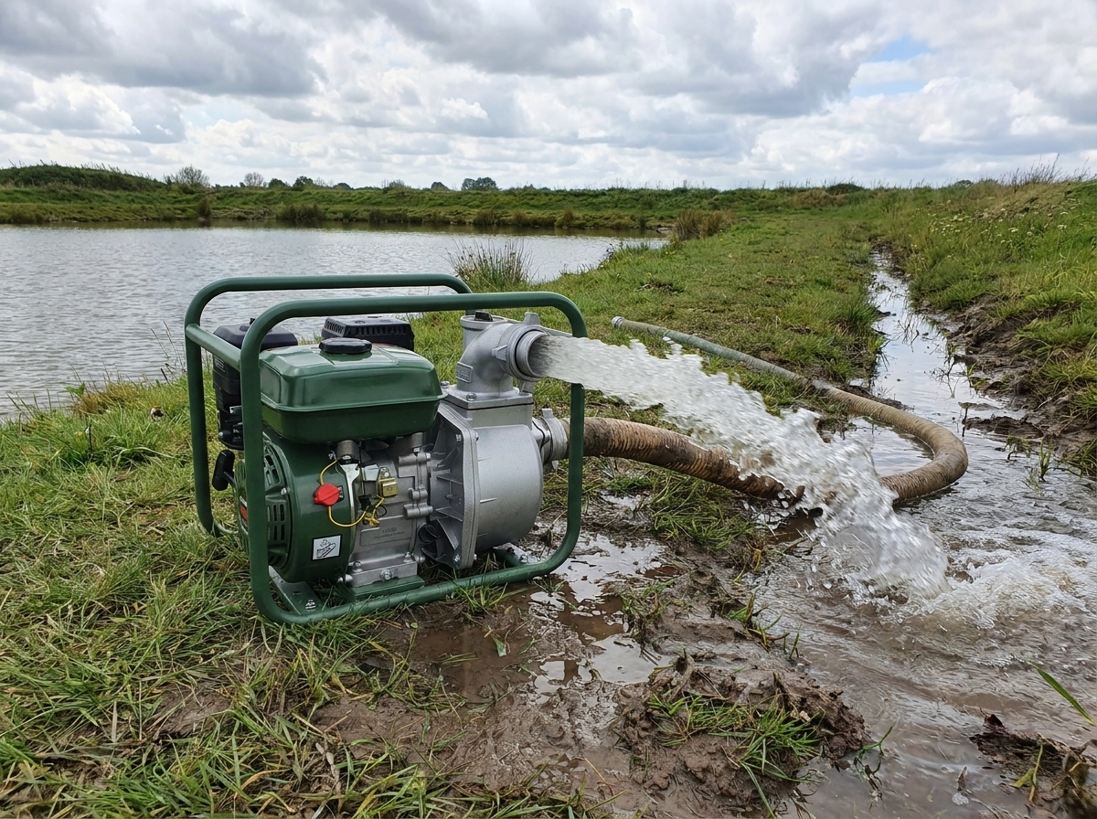 Eine Benzin-Wasserpumpe im Einsatz am Rand eines Teichs: die Pumpe steht auf einer Wiese, ein dicker Saugschlauch fuehrt ins Wasser, aus dem Druckschlauch laeuft kraeftig Wasser in
