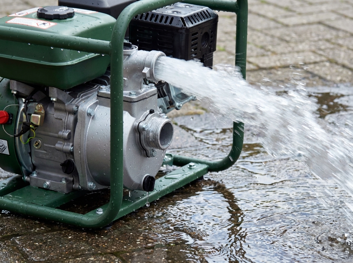 Eine Benzin-Wasserpumpe im Einsatz vor einem Kellerabgang: die Pumpe steht auf dem Hof, ein Saugschlauch fuehrt die Treppe hinunter ins Wasser, der Druckschlauch entwaessert in ein