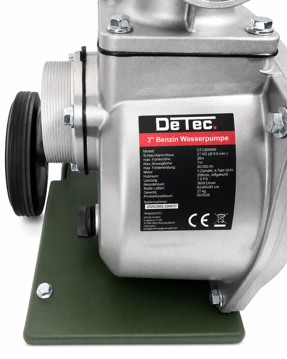 DeTec. Benzin-Wasserpumpe 3 Zoll mit Gestell – 60.000 l/h, 7 PS
