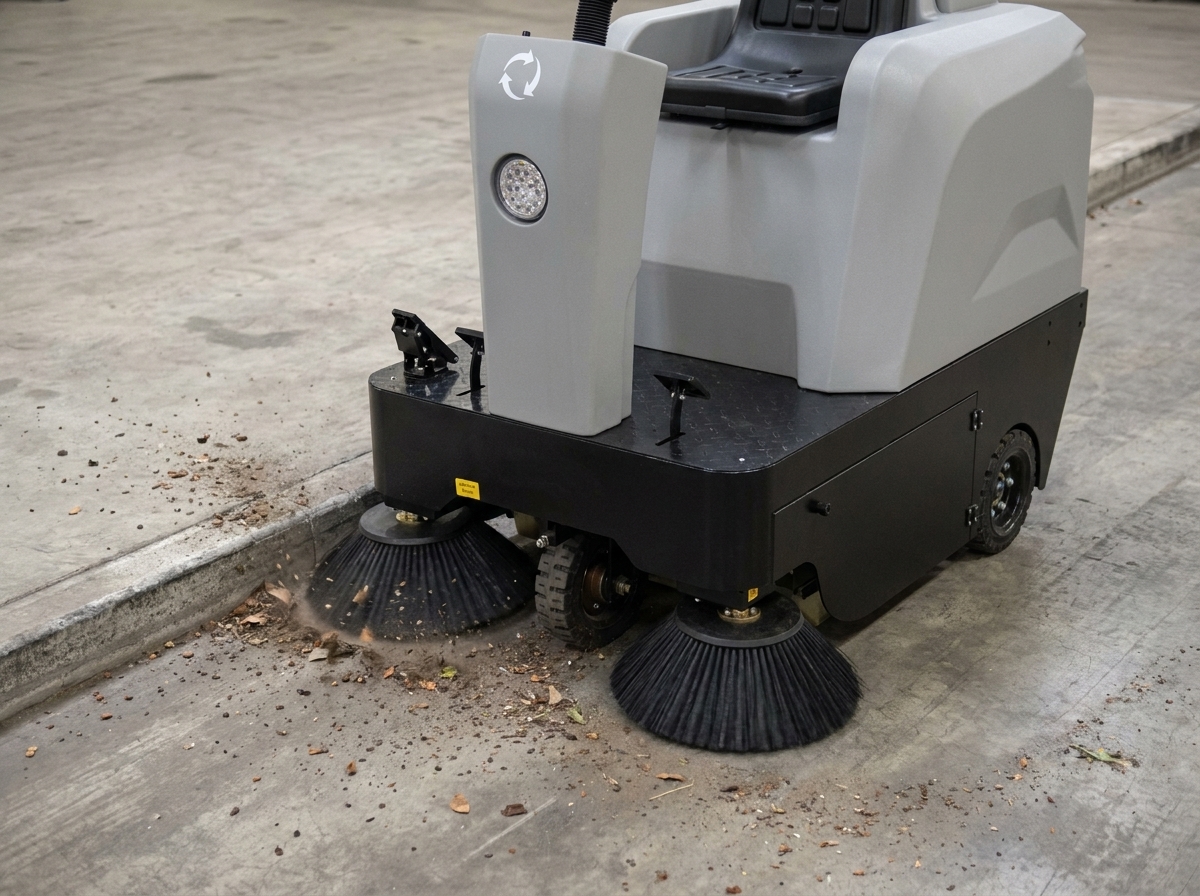 Eine Aufsitz-Kehrmaschine im Einsatz in einer hellen Industriehalle: glatter Betonboden, Palettenregale im Hintergrund, eine Person in Arbeitskleidung sitzt auf der Maschine und fa