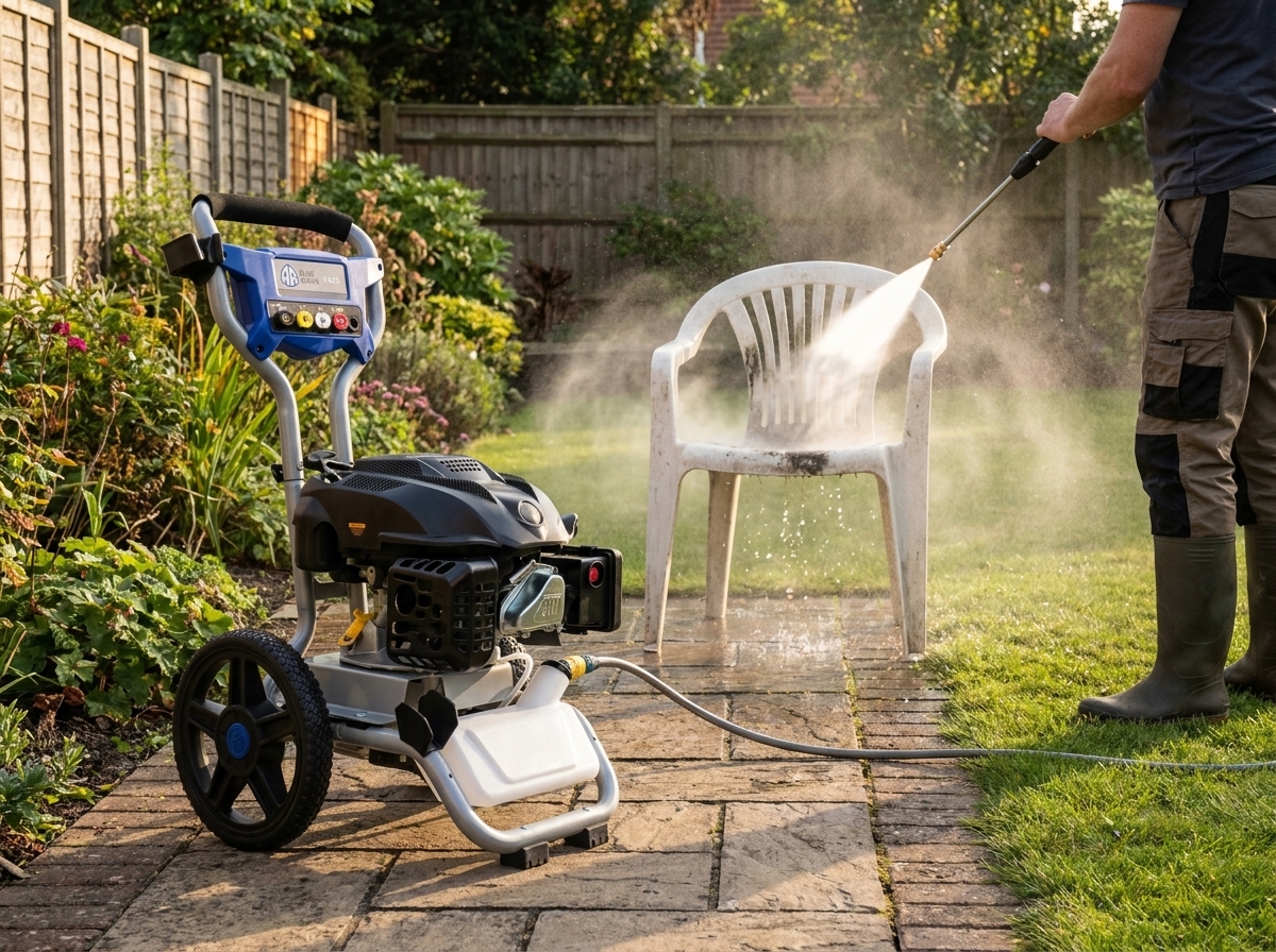 Ein kompakter Benzin-Hochdruckreiniger im Einsatz in einem Garten: die Maschine steht auf einem Plattenweg, eine Person reinigt damit Gartenmoebel aus Kunststoff. Nachmittagslicht,