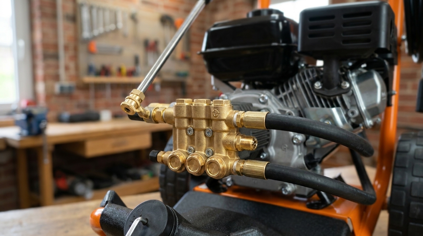 Messingpumpenkopf des Strahlemann Hochdruckreinigers im Detail