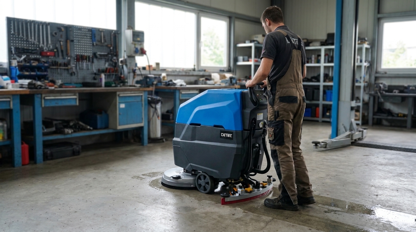 Nachläufer-Scheuersaugmaschine DT-FS1 beim Reinigen einer Werkstatthalle