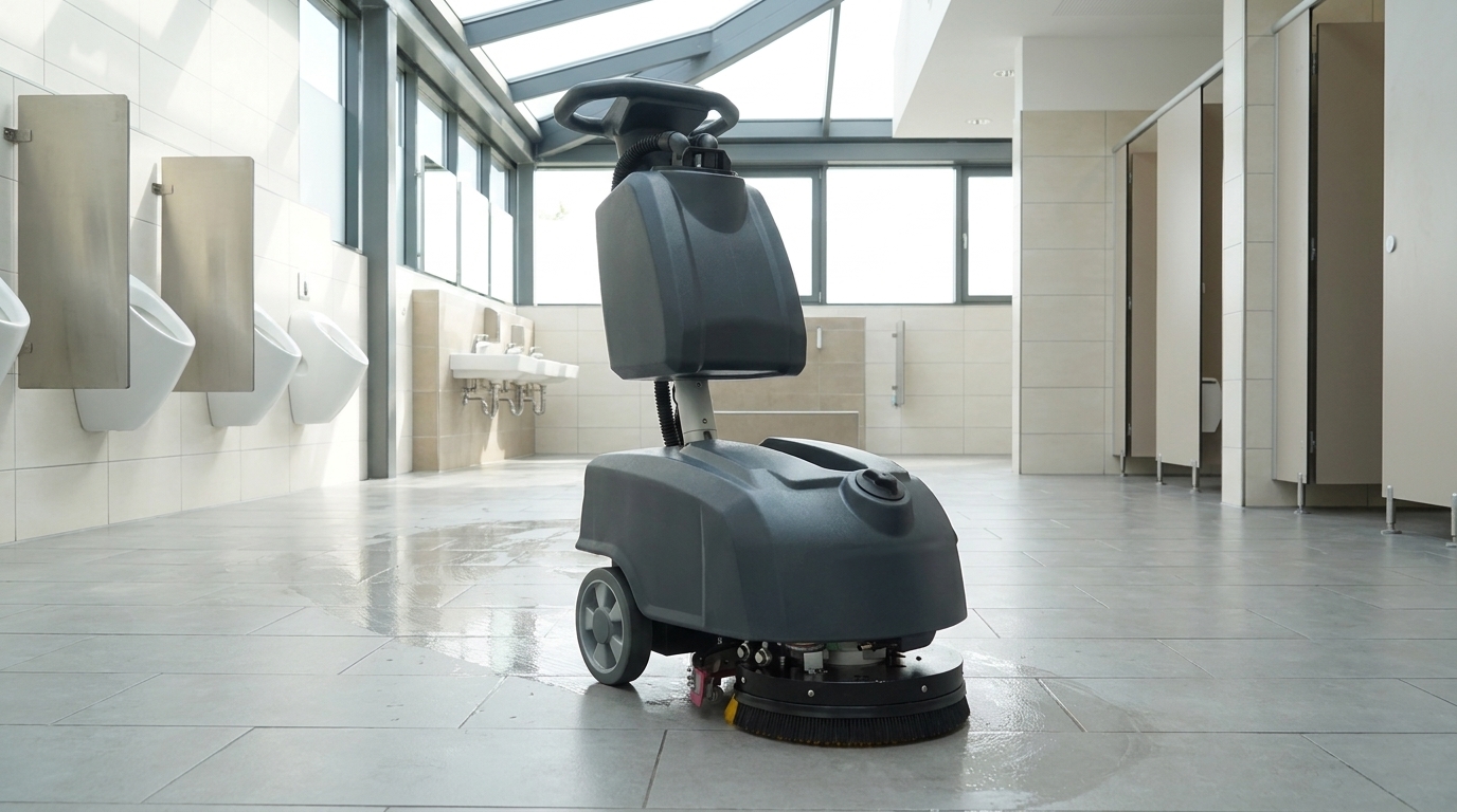 DT-FS2 beim Reinigen eines gefliesten Sanitärbereichs