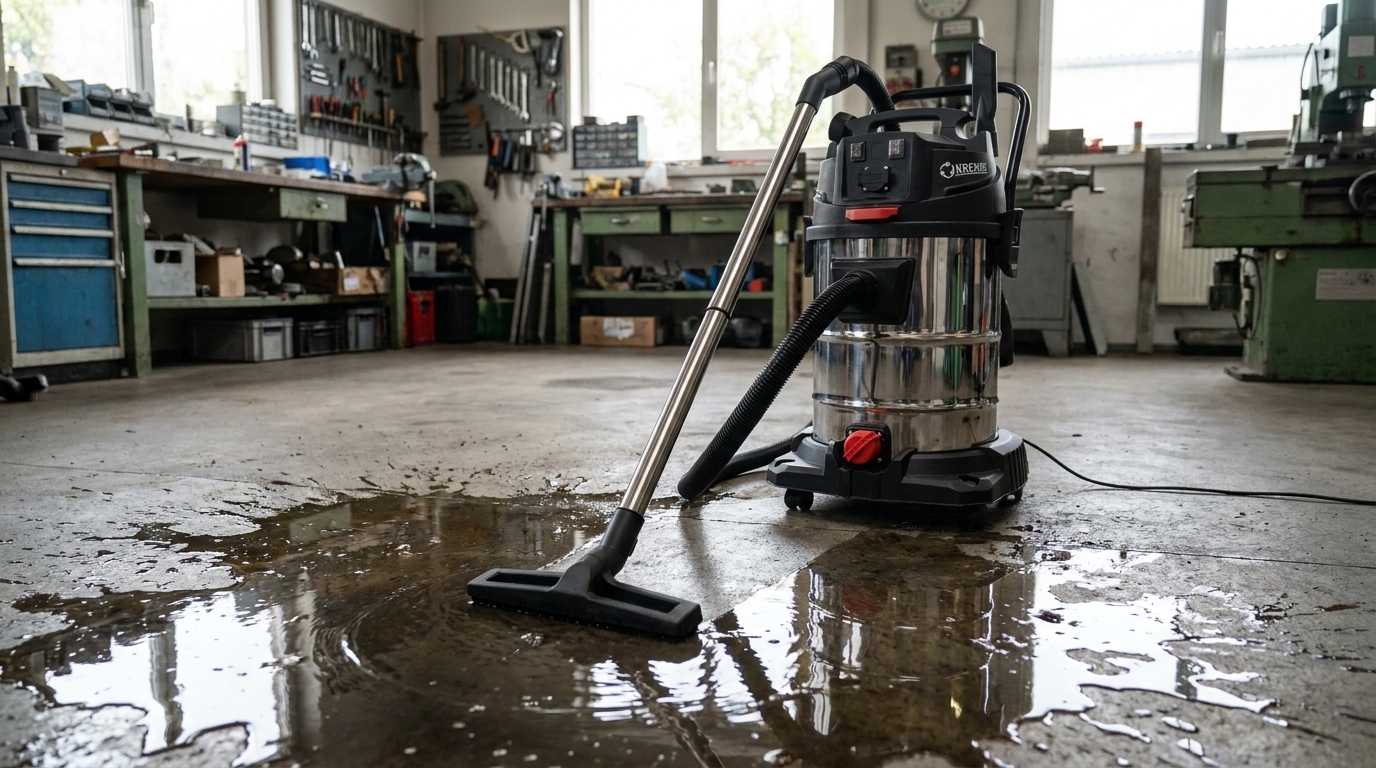 Industriesauger 2.400 W beim Aufsaugen von Wasser in der Werkstatt