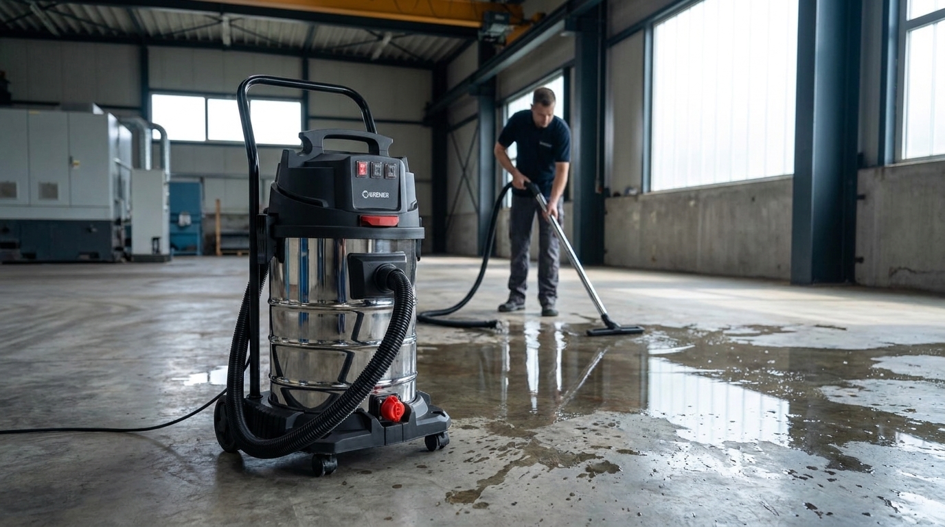 Industriesauger 3.000 W beim Aufsaugen von Wasser in einer Halle