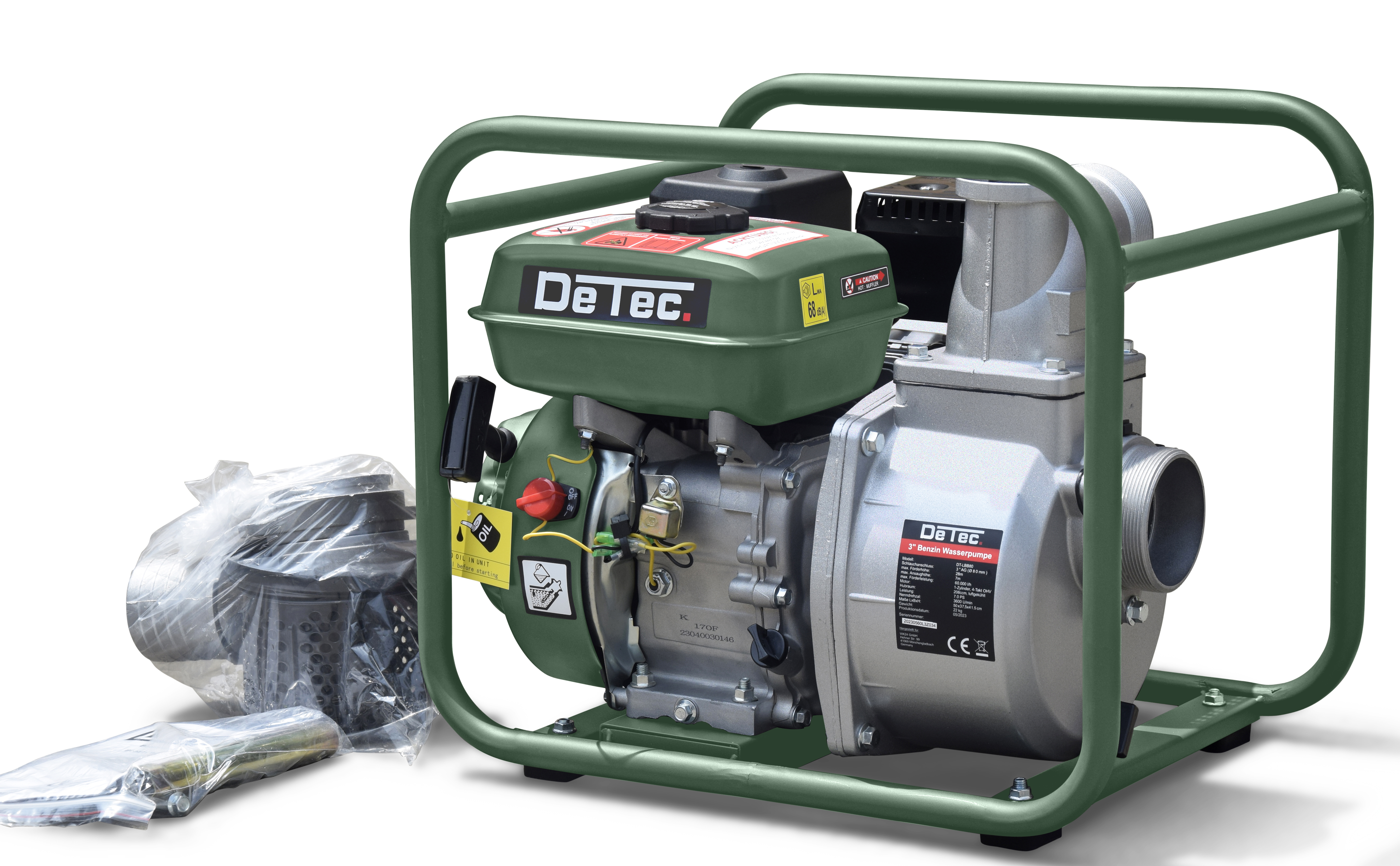 DeTec. Benzin-Wasserpumpe 3 Zoll – 60.000 l/h, 7 PS, 28 m Förderhöhe