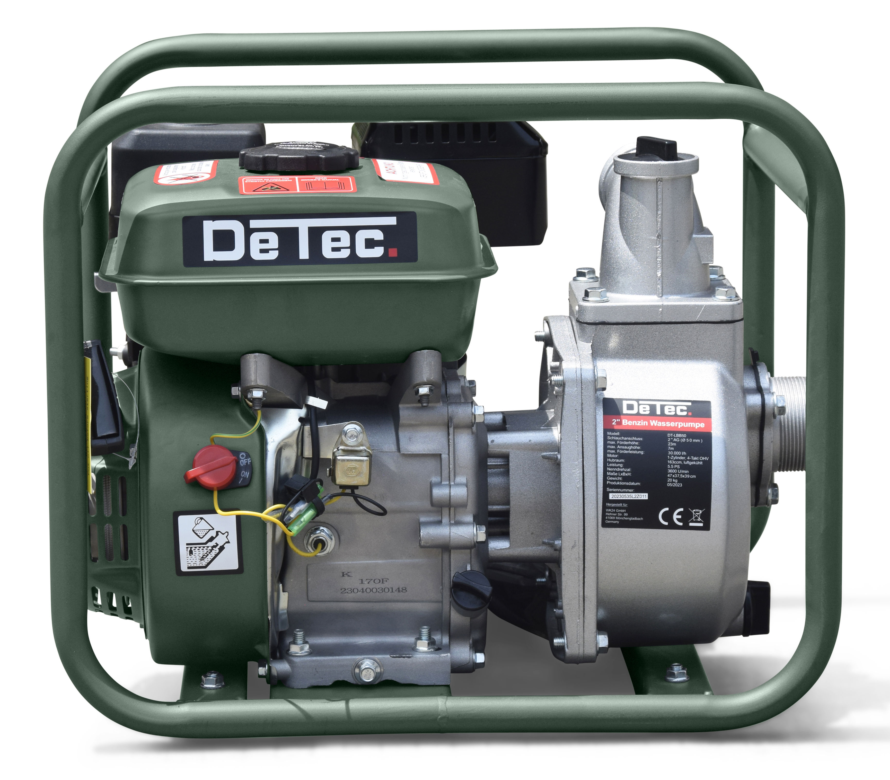DeTec. Benzin-Wasserpumpe 2 Zoll – 30.000 l/h, 5,5 PS, 23 m Förderhöhe