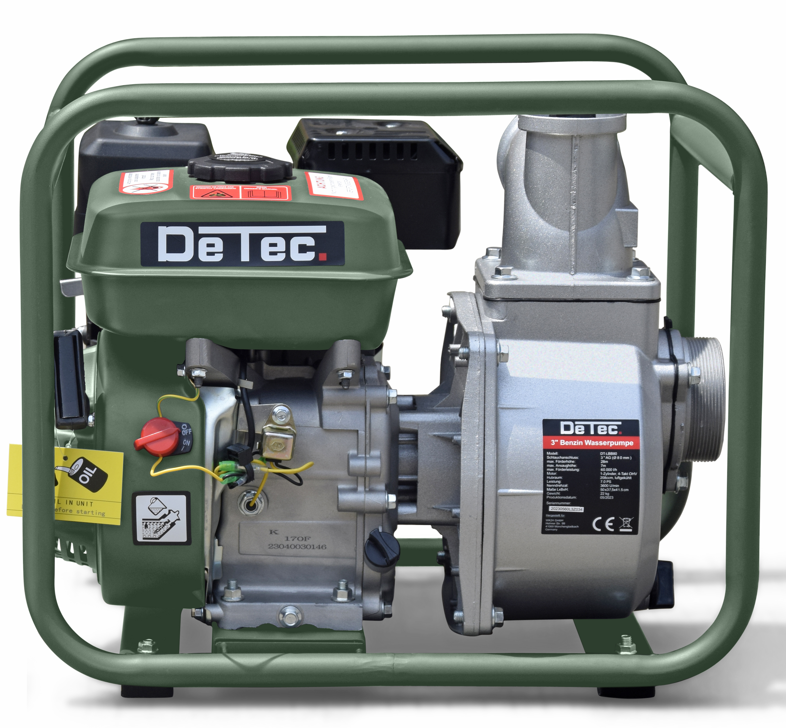 DeTec. Benzin-Wasserpumpe 3 Zoll – 60.000 l/h, 7 PS, 28 m Förderhöhe